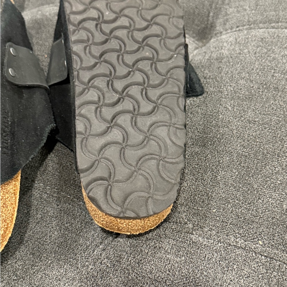 Birkenstock Black Suede Slides with Tan Footbed - Picture 6 of 7